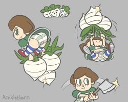 1girls 2020s animal_crossing arnkleblarn artist_signature axe brown_hair cameltoe dress female green_eyes grey_background half_lidded_eyes legs_up nintendo red_shoes solo spread_legs striped_panties striped_thighhighs turnip upskirt villager_(animal_crossing)