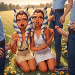 1girl ahsoka_tano ai_assisted ai_generated belt big_tits blowjob cock_out daylight excited_face flowers garden huge_tits jiggling_tits on_knees orange_skin outdoors penis ponytail sex spring star_wars sundress sunglasses sunset village wheat_field