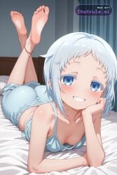 1girl ai_assisted ai_generated anklet bare_shoulders barefeet bedroom cleavage curvy_body detailed_feet eyes_half_closed feet_up grin looking_at_viewer narrow_waist petite prone_position round_ass small_breasts soft_breasts the_pose tired wide_hips