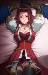 1boy 1girl absurdres akiza_izinski arms_up bed bed_sheet bedroom black_garter_straps black_gloves black_sleeves black_stockings blue_jacket blush breasts brown_gloves bustier choker cleavage clothes_lift commission commissioner_upload corset curvy dress elbow_gloves footwear fudo_yusei garter_straps gloves grabbing_another's_arm hair_ornament highres indoors izayoi_aki jacket jewelry knee_up large_breasts licking licking_lips light_blush long_sidelocks long_sleeves lying medium_hair myeu necklace on_back out-of-frame_character out_of_frame out_of_frame_male panties pantyshot pencil_skirt pendant puffy_short_sleeves puffy_sleeves red_choker red_collar red_corset red_dress red_eyes red_hair red_skirt seductive_gaze seductive_smile shadow short_hair_with_long_locks short_sleeves showgirl_skirt sidelocks skirt skirt_lift sleeves_past_elbows smile thick_thighs thighhighs thighs tongue tongue_out uncensored underwear upskirt variant_set yu-gi-oh! yu-gi-oh!_5d's
