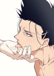 2boys adam's_apple barou_shouei black_hair blue_lock chuma_a_a collarbone commentary_request cum cum_in_mouth cum_on_tongue from_side hand_on_another's_chin highres looking_up male_focus multiple_boys nagi_seishirou out_of_frame red_eyes short_hair simple_background solo_focus sweat tongue tongue_out white_background yaoi