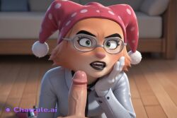 1girl ai_assisted ai_generated bedroom black_lipstick domino_mask dreamworks front_view gasping glasses grey_suit hand_to_mouth jester_cap kneeling_on_floor large_penis looking_at_penis looking_at_viewer looking_up_at_penis medium_breasts night penis_awe surprised viewed_from_above white_facepaint white_gloves wooden_floor