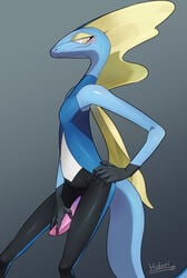 anthro blush bodily_fluids genitals gloves_(marking) gradient_background grey_background half-closed_eyes hand_on_hip hand_on_penis hi_res hidoritoyama inteleon male male_only markings narrowed_eyes nintendo nude penile penile_masturbation penis pink_penis pokémon_(species) pokemon pokemon_(species) scalie simple_background skinny smile smirk solo sweat tail video_games yellow_eyes