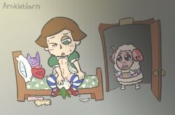 1girls 2020s animal_crossing anthro arnkleblarn artist_signature bob_(animal_crossing) brown_hair dildo dom_(animal_crossing) dress dress_lift drooling female flat_chest green_eyes half_lidded_eyes hooves nintendo nipples on_bed one_eye_closed panties_aside pink_horn pussy_juice red_shoes sheep sheep_boy spread_legs striped_panties striped_thighhighs sweating turnip upskirt vegetable_dildo vegetable_insertion villager_(animal_crossing) walking_in_on