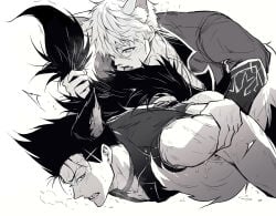 2boys alternate_costume anal animal_ear_fluff animal_ears ass barou_shouei blue_lock bottomless chuma_a_a commentary_request grabbing_another's_tail greyscale hair_between_eyes highres jacket male_focus male_penetrated monochrome multiple_boys nagi_seishirou open_mouth sex sex_from_behind short_hair simple_background sweat tail white_background wolf_boy wolf_ears wolf_tail yaoi
