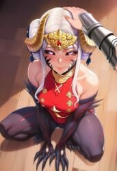ai_generated black_arms black_legs black_sclera bottomless byleth_(fire_emblem) byleth_(fire_emblem)_(female) clawed_feet clawed_fingers claws corruption crouching crown edelgard_von_hresvelg edelgard_von_hresvelg_(hegemon_husk) fire_emblem fire_emblem:_three_houses hand_on_head horned_headwear petting petting_head smile tamed top_only white_hair