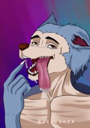 anthro beastars blue_body blue_fur bodily_fluids brown_eyes canid canine canis cum cum_in_mouth cum_inside cum_on_tongue fur genital_fluids happy hi_res legoshi_(beastars) male mammal open_mouth raccoon24 solo tongue tongue_out wolf