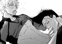 2boys abs bar_censor barou_shouei blue_lock blush censored chuma_a_a clothes_lift commentary_request condom condom_in_mouth fellatio grabbing_another's_hair greyscale highres holding_another's_hair licking licking_penis looking_at_another male_focus monochrome mouth_hold multiple_boys nagi_seishirou navel nipples oral pectorals penis puff_of_air shirt_lift short_hair simple_background sweat white_background yaoi