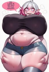 1girls ahoge ai_generated alternate_body_type alternate_costume belly black_shirt blood_golem breasts briar_(league_of_legends) chubby covered_nipples denim_shorts grabbing_own_thigh grabbing_thighs huge_breasts large_breasts league_of_legends looking_down midriff nai_diffusion panties pink_hair pink_sclera plump pointy_ears riot_games sharp_teeth shiny_skin shorts slightly_chubby slightly_chubby_female solo stable_diffusion steam stomach sweat t-shirt talking text thick thick_thighs thigh_grab thigh_squish thighhighs thighs tummy two-tone_hair white_background white_hair wide_hips