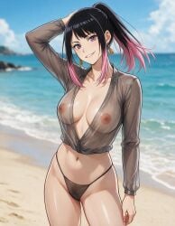 1girls ai_generated akane-banashi akane_osaki beach breasts close-up female female_only functionally_nude functionally_nude_female nipples no_bra outdoors outside ponytail pubic_hair pussy see-through see-through_clothes see-through_clothing see-through_panties see-through_shirt shiny_skin smile smiling smiling_at_viewer transparent_clothing useless_clothing