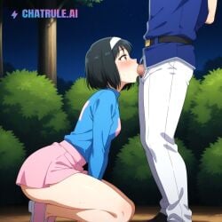 1girl ai_assisted ai_generated anime_screencap big_butt black_hair blowjob blue_shirt blush brown_eyes clothed clothing couple deep_throat fellatio female from_side girl girly green_eyes hairband karen kneeling night oral outdoors short_hair small_breasts spreading_legs squating sucking_penis white_leggings whore younger_female