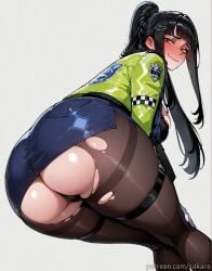 1girls ai_generated ass ass_focus bangs black_bra black_hair black_panties black_pantyhose blunt_bangs blush bra breasts brown_eyes d_(nikke) from_behind gloves green_jacket hair_ornament hairclip jacket large_breasts long_hair looking_at_viewer looking_back nose_blush panties pantyhose ponytail sakaro sidelocks simple_background skirt solo thigh_strap thighs torn_clothes torn_pantyhose underwear uniform