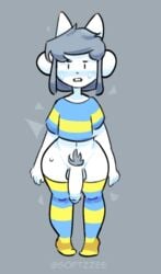 1boy anthro balls big_penis blush bob_(undertale) bottomless canid canine clothed clothing felid feline flaccid genitals hair humanoid_genitalia humanoid_penis male male_only mammal penis pubes simple_background softzee solo tem temmie_(undertale) undertale undertale_(series) video_games white_body