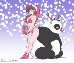 bikini boots brown_eyes brown_hair christmas christmas_outfit christmas_present cleavage genma_saotome gloves kasumi_tendo large_breasts long_hair panda ranma_1/2 santa_hat voluptuous yashiro_a._marino