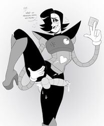 after_anal anal_creampie androgynous anus_peek black_and_white condom condom_wrapper cum cum_in_ass dialogue exposed_anus exposed_balls exposed_penis femboy high_heel_boots high_heels latex_legwear leg_up legs_spread licking_own_lips male male_only mettaton mettaton_ex monochrome penis platform_boots presenting robot robot_femboy robot_humanoid solo thick_thighs tongue undertale wetwasabi