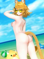 ahoge ass_focus beach beach_background beach_ball blonde_hair cat_ears cat_tail dokibird dokibird_(dokitty) dragoon_(dokibird) hand_over_breast head_wings indie_virtual_youtuber looking_back_at_viewer loshi smirking_at_viewer sunglasses vtuber