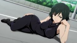 1girl 1girls absurd_res ai_assisted ai_generated animated anime ass black_dress black_footwear boots breasts bubble_butt curvaceous curvy curvy_figure form-fitting green_hair hand_on_own_face high_resolution highres hourglass_figure huge_ass huge_butt jujutsu_kaisen large_breasts light-skinned_female looking_at_viewer lying mai_zenin nipples_through_clothes on_side outdoors patreon patreon_logo patreon_username pavement reclining road short_hair skin_tight sleeveless smile solo tagme thick_thighs thighs tight_clothes turtleneck veyluna video voluptuous watermark wide_hips yellow_eyes zenin_mai