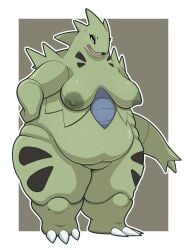 anger_vein anthro behniis breasts fangs fat featureless_crotch female game_freak huge_belly nintendo pokemon pokemon_(species) sagging_breasts sharp_teeth solo thick_thighs tyranitar video_games wide_hips