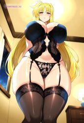 1girl ahoge ai_assisted ai_generated antenna_hair bedroom black_heels black_lingerie black_thighhighs blonde_hair blush curvaceous_body curvaceous_hips curvaceous_thighs curvy detailed_face fate_testarossa floating_hearts from_below hair_between_eyes half_closed_eyes heart_shaped_pupils heart_symbol high_quality hourglass_body huge_breasts huge_hips huge_thighs lace_panties lace_thighhighs large_breasts large_thighs looking_at_viewer massive_thighs night parted_lips perfect_body pov red_eyes seductive_eyes shiny_skin thick_hips thick_legs thick_thighs thighs thighs_bigger_than_head voluptuous wide_hips window