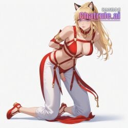 1_girl 1girl adult ai_assisted ai_generated arms_behind_back blonde_hair blue_eyes boob_window breasts collar detached_sleeves ear_piercing final_fantasy_xiv gold_trim hand_on_penis holding_breasts jewelry leaning_back leaning_forward lips looking_at_viewer lyse_hext midriff naked navel nude on_knees penis ponytail red_dress red_shoes seductive_look sexually_suggestive shoes small_penis standing transgender view_from_behind white_background white_pants