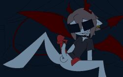 1boy balls black_collar black_shirt bottomless bottomless_male brown_hair collar collarbone cum cum_on_penis demon_boy demon_horns demon_tail demon_wings ear_piercing emalf funamusea glasses horns jaggy_lines kerocola male male_only penis pointy_ears poking poking_penis red_hands sharp_teeth shirt short_hair short_sleeves smile solo solo_male spiked_collar sunglasses tail teeth testicles the_gray_garden wings