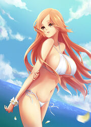 1girls 57_(lme_piggy117) arm_behind_back bare_shoulders big_breasts bikini bleach blue_sky bracelet breasts brown_eyes busty clavicle cleavage cleavage_cutout clouds collarbone cute cutout female female_only flower_petals huge_breasts inoue_orihime long_hair looking_away midriff navel ocean orange_hair parted_lips side-tie_bikini smile swimsuit walking water