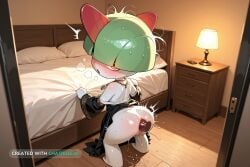 ai_assisted ai_generated alternate_color bangs bare_legs blue_hair chibi depth_of_field dick_in_ass earrings from_behind full_body green_hair hair_ornament hair_over_eyes heavy_breathing jewelry long_hair messy_hair necklace orange_eyes orange_horns pokemon_(creature) ralts red_eyes red_horns shiny_pokemon shirt_pulled_down short_hair skirt skirt_lifted solo sweaty warm_lighting white_body white_top