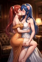2026 2girls adult_and_teenager adult_female ai_art ai_generated arm_around_partner arm_around_waist barefoot blue_hair blurry_background blush bookcase books bopitphy bracelet breast_press breast_to_breast breasts_pressed_against_partner cleavage closed_eyes clothing couch couple dress feet female/female female_kissing_female female_on_female females_only fire_emblem fire_emblem_awakening flowers flowers_in_hair grabbing grabbing_another's_leg grabbing_waist highres holding holding_leg kiss lampshade leg_up lesbian_couple lesbian_kiss lifting lifting_leg living_room long_hair looking_happy looking_pleasured lucina_(fire_emblem) medium_breasts mercenary multiple_girls nintendo painting_(object) passionate_couple passionate_kiss princess raised_leg red_hair severa_(fire_emblem) standing standing_on_one_leg teenager tiara tied_hair tongue_kiss twintails white_dress yellow_dress young_female young_girl yuri