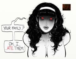 1girl big_breasts black_hair demon_girl humor implied_cannibalism mascara_smear naked_female red_eyes reference scrilopolis