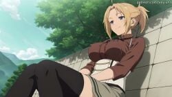 1girl 1girls absurd_res against_wall ai_assisted ai_generated animated anime ass black_thighhighs blonde_hair blue_eyes breasts brown_shirt bubble_butt cleavage cloud curvaceous curvy curvy_figure day earrings high_resolution highres hourglass_figure huge_ass huge_butt large_breasts leaning_back light-skinned_female looking_at_viewer mature_female milf mountain mushoku_tensei outdoors patreon patreon_logo patreon_username ponytail short_skirt sky smile solo tagme thick_thighs thighhighs thighs tree turtleneck veyluna video voluptuous white_vest wide_hips zenith_greyrat