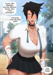 1girls artist_name bandaged_arms bandaid bandaid_on_thigh big_breasts black_hair bubble_text choker collar dark-skinned_female defal_hady_(artist) dog_tags dogtags hand_on_hip illia illia_(defal_hady) indonesian indonesian_text inviting inviting_viewer large_breasts looking_at_viewer oc original original_character outdoors purple_eyes short_hair skirt sweat text_bubble tomboy unbuttoned unbuttoned_shirt warming_up watermark wide_hips