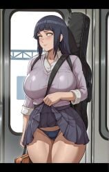 1girls ai_generated big_breasts blush blushing curvy curvy_body curvy_female curvy_figure front_view guitar guitar_case hinata_hyuuga huge_breasts hyuuga_hinata large_breasts light-skinned_female light_skin long_hair looking_away mature_female naruto naruto_(series) naruto_shippuden panties school_uniform seductive shiny shiny_skin shy skirt skirt_lift skirt_up solo solo_female train white_eyes