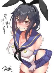 1girls angry artist_name batta_no_tsukudani black_hair black_hairband black_neckerchief black_panties blue_sailor_collar blue_skirt breasts cosplay covering_breasts covering_privates cowboy_shot crop_top elbow_gloves embarrassed female gloves hairband highleg highleg_panties highres horizontal-striped_thighhighs kantai_collection large_breasts looking_at_viewer microskirt navel neckerchief panties red_eyes sailor_collar shimakaze_(kantai_collection)_(cosplay) short_hair signature skirt solo striped_clothes striped_thighhighs thighhighs thong thong_panties underwear white_gloves yamashiro_(kantai_collection)