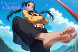 1girl ai_assisted ai_generated barefeet belt big_feet black black_gloves black_hair black_jacket black_pants blue_eyes blue_sky boots cleavage closed_mouth clothing cloud collarbone crossed_arms dark_skin dark_skinned_female dirty_feet female female_only forehead from_below full_body hands_on_hips high_collar large long_hair long_sleeves long_toes looking_at_viewer midriff navel nico_robin one_piece open_clothes presenting_foot sky smile sole_focus solo source_anime standing standing_on_one_leg stinky_feet sweaty_feet thighhighs twintails underwear yellow_jacket