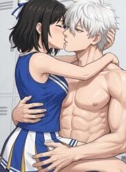 ai_art ai_generated blue_lock flirting horny kissing masculine_male nagi_seishiro pale-skinned_female pale-skinned_male petite_female shirtless_male slutty_female touching_ass