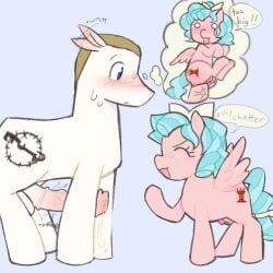 age_difference anonymous_artist aroused balls blushing cozy_glow_(mlp) crotchboobs cute horsecock imminent_sex large_insertion my_little_pony pegasus precum sweat text thinking_about_sex thought_bubble younger_female