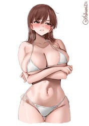 1girls areola_slip artist_name averting_eyes bikini blush breasts brown_eyes brown_hair cleavage closed_mouth collarbone cropped_legs crossed_arms ebifurya female frown furrowed_brow gluteal_fold hair_between_eyes hair_intakes highres kantai_collection large_breasts micro_bikini navel one-hour_drawing_challenge ooi_(kantai_collection) side-tie_bikini_bottom sidelocks simple_background skindentation solo string_bikini sweat swimsuit thigh_gap thighs twitter_username underboob white_background white_bikini