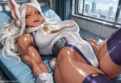 1girl ai_generated ass backdoorsenpai bare_shoulders belt big_ass blush boku_no_hero_academia breasts crescent_print curvy dark-skinned_female egao female female_focus female_only fur_collar heavy_breathing highleg_leotard large_breasts long_eyelashes long_hair looking_at_viewer lying mirko muscular_female my_hero_academia naughty_face naugty_eyes on_back open_mouth parted_bangs perky_breasts portrait purple_thighhighs rabbit_ears rabbit_girl red_eyes sleeveless_turtleneck_leotard solo sweat taut_leotard thick_thighs thighs white_gloves white_hair white_leotard wide_hips