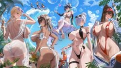 1boy 6+girls :d aqua_hair arm_strap ass back backboob bare_shoulders barefoot beach bikini bird black_hair black_slingshot_swimsuit blonde_hair blue_sky blush bow bracelet breasts brown-tinted_eyewear brown_eyes brown_hair bubble butt_crack camera cellphone chameleon cinderella_(crystal_wave)_(nikke) cinderella_(nikke) cleavage coconut coconut_cup colored_inner_hair commander_(nikke) commentary cup dark-skinned_female dark_skin day detached_sleeves doro_(nikke) drinking_glass earrings english_commentary eyewear_on_head far_side_backboob feet food food_in_mouth food_on_body food_on_breasts foot_focus foreshortening from_behind fruit_as_cup gluteal_fold goddess_of_victory:_nikke hair_bow hair_bun hair_intakes hair_ornament hair_over_one_eye heart heart-shaped_pupils high_ponytail highres holding holding_bubble holding_camera holding_cup hoop_earrings huge_ass huge_breasts jewelry large_breasts little_mermaid_(nikke) little_mermaid_(shell_princess)_(nikke) long_hair looking_at_viewer marciana_(marine_study)_(nikke) marciana_(nikke) melting_popsicle multicolored_hair multiple_girls naga_(nikke) naga_(ring_ensemble)_(nikke) navel navel_piercing o-ring o-ring_bikini o-ring_slingshot_swimsuit ocean official_alternate_costume official_alternate_hairstyle open_mouth outdoors palm_tree parfait penguin penguin_squad_(nikke) phone piercing ponytail popsicle popsicle_in_mouth presenting_foot purple_eyes red_eyes red_slingshot_swimsuit red_visor_cap sarong see-through_clothes see-through_sarong shell shell_hair_ornament sideboob silvertsuki single_thighhigh sitting sky slingshot_swimsuit smartphone smile soles stomach sunglasses swimsuit symbol-shaped_pupils teeth thigh_strap thighhighs thighs tia_(nikke) tia_(sea_lizzie)_(nikke) tinted_eyewear toes tree underboob upper_teeth_only very_long_hair visor_cap water white_bikini white_bow white_hair white_sarong white_thighhighs wrist_flower yellow_eyes