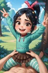 1girl ai_assisted ai_generated black_hair brown_eyes brown_skirt chibi cock_in_pussy collar colorful cowboy_shot cowgirl creampie cute_pose dynamic_pose embarrassed from_above green_hoodie hair_ornament harness inside leaning_forward looking_at_viewer moaning oil_painting outside parted_bangs ponytail pussy_sex saliva shaking side_view sky smile spread_legs striped_pantyhose traditional_media tree v vanellope_von_schweetz