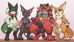 3_fingers 3_toes 4k absurd_res ai_generated anthro balls bandai_namco big_balls big_ears big_penis big_tail biped black_body black_claws black_markings blackgatomon claws cross_pupils crossover digimon digimon_(species) erection eyebrows fangs feet felid feline finger_claws fingers flower fluffy fluffy_tail fur generation_7_pokemon generation_9_pokemon genitals green_body green_eyes group half-closed_eyes hi_res huge_balls huge_penis incineroar long_tail looking_at_viewer male mammal markings meicoomon meowscarada mouth_closed narrowed_eyes neck_tuft nintendo open_mouth open_smile penile_spines penis plant pokemon pokemon_(species) presenting presenting_penis purple_body red_body red_eyes simple_background smile smiling_at_viewer snout standing tail tan_body tan_fur teeth toe_claws toes tuft vein veiny_penis whiskers yellow_body yellow_eyes yellow_fur yellow_sclera yiff_ai_(director)