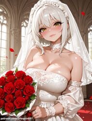 1girl ai_generated arlequin097 bare_shoulders blush bouquet breasts bridal_veil bride choker church cleavage closed_mouth collarbone detached_sleeves dress falling_petals flower head_tilt high_school_dxd holding holding_bouquet indoors jewelry koneko_toujou large_breasts lips looking_at_viewer petals red_carpet red_flower red_rose ring rose rose_petals see-through short_hair sidelocks smile solo strapless strapless_dress veil wedding_dress wedding_ring white_choker white_dress white_hair white_sleeves window yellow_eyes