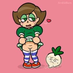 1girls 2020s animal_crossing arnkleblarn brown_hair eyeshadow green_eyes green_eyeshadow lifting_dress light-skinned_female nintendo object_insertion post_masturbation pussy_juice red_shoes skirt_lift striped_thighhighs thigh_highs turnip villager_(animal_crossing)