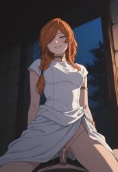 ai_generated cowgirl_position cum flamme_(sousou_no_frieren) green_eyes long_hair medium_breasts nude orange_hair sex uncensored vaginal_penetration