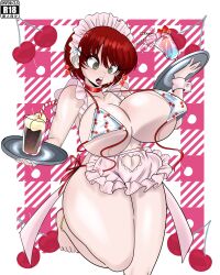 anklet apron barefoot blush commission danganronpa danganronpa_2:_goodbye_despair drink embarrassed huge_breasts invdrcls koizumi_mahiru maid_headdress open_mouth second-party_source spilled_drink sundae thick_thighs toes wardrobe_malfunction wide_hips