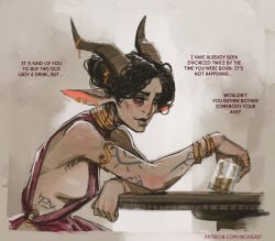 1girls alcohol armpit_hair armpits bicep_bracelet black_sclera body_hair bracelet clothed clothed_female color colored dialog dialogue ear_piercing earrings english english_dialogue english_text female female_only flat_nose gilf goat_ears goat_eyes goat_girl goat_horns goat_humanoid grey_skin hairbun horn_jewelry horns incase jewelry looking_at_viewer mature_female monster_girl necklace necklaces old_lady original original_character red_eyes rings sideboob solo solo_female speaking_to_viewer tattoo tattoos tattoos_everywhere text wavy_hair