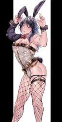 1boy alternate_costume ambush_(trap) black_hair bodysuit bowtie bulge bunny_boy bunny_ears bunny_tail bunnysuit crossdressing demon_slayer embarrassed femboy fishnet_stockings fishnets hair_down kemonochan kimetsu_no_yaiba looking_at_viewer male male_only muscular_femboy muscular_male pose solo thighhighs tomioka_giyuu twunk