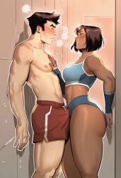 1boy1girl against_wall ass big_ass big_breasts big_butt black_hair blush blushing bob_cut boner breasts bubble_ass bubble_butt butt curvaceous curvy dark-skinned_female dark_skin erection fat_ass fat_butt gym gym_clothes gym_clothing gym_shorts gym_uniform hand_on_chest hips huge_ass huge_breasts huge_butt interracial interracial_couple korra large_ass large_breasts large_butt light-skinned_male light_skin mako muscular muscular_female muscular_male phophopho phophopho_(artist) seducing seduction seductive shirtless short_hair smile smiling spiky_hair sports_bra sports_shorts teasing the_legend_of_korra thick_thighs thighs voluptuous wide_hips