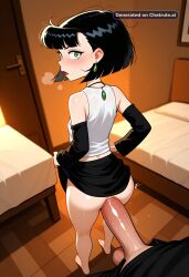 1girl ai_assisted ai_generated bare_legs black_hair depth_of_field dick_in_ass earrings from_behind green_eyes hair_ornament heavy_breathing jewelry lipstick long_hair makeup messy_hair necklace shirt_pulled_down short_hair skirt skirt_lifted sweaty warm_lighting white_top