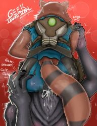absurd_res anthro bodily_fluids brown_body brown_fur canid canine canis clothed clothing cum dialogue duo fur genital_fluids guardians_of_the_galaxy hi_res irrationalgeek male mammal marvel oral rocket rocket_raccoon size_difference tail wolf